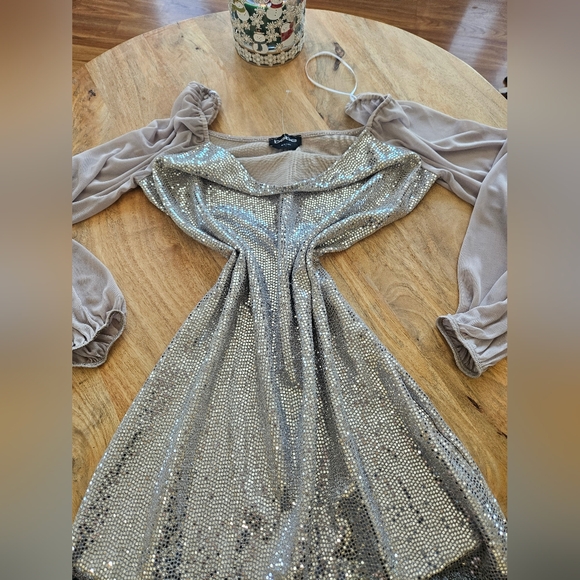 NWOT BEBE Silver Sequin Dress with Sheer Sleeves - Picture 10 of 11